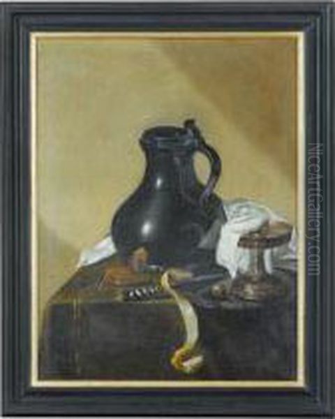 Nature Morte Au Pichet, Montre De Gousset Et Citron Sur Unentablement Oil Painting by Jan Jansz. Treck