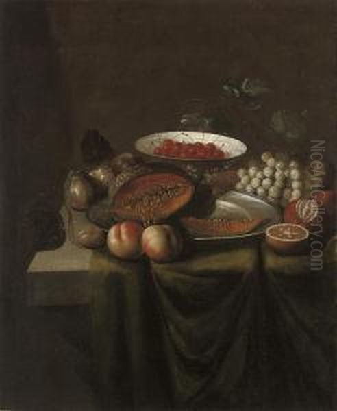 A Bowl Of Cherries, A Melon On A Pewter Platter, Grapes, Peaches And Other Fruit On A Partly-draped Table Oil Painting by Jan Jansz. Treck