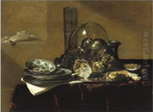 Still Life With A Roemer, A Beer Glass, A Silver Tazza On Itsside, A Salt Cellar And Other Objects On A Table Draped In Redcloth Oil Painting by Jan Jansz. Treck