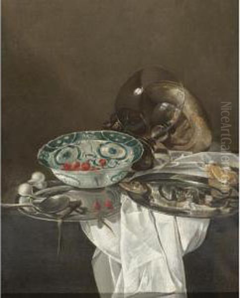 A Still Life With A Herring On A Pewter Plate, Together With Spring Onions, Strawberries, A Porcelain Bowl And A Roemer On A Table Oil Painting by Jan Jansz. Treck