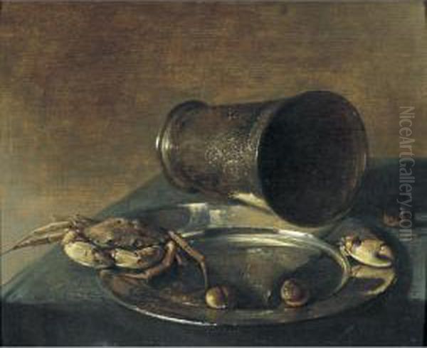 Still Life With A Crab And Olives On A Pewter Dish With An Overturned Silver Beaker Oil Painting by Jan Jansz. Treck