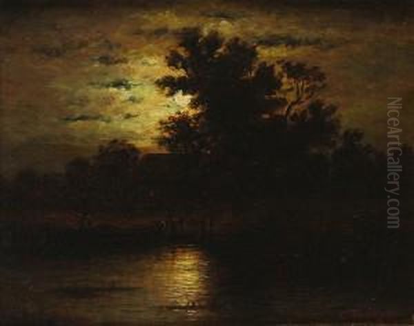 Moonlight Landscape With Boat And Cottage Oil Painting by Charles Tredupp