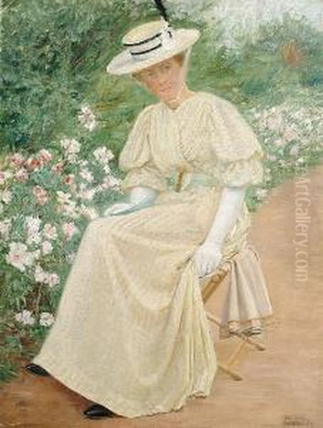 A Lady Seated In A Garden Oil Painting by S. Tremblay