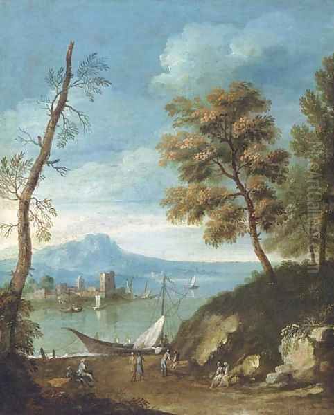 A Mediteranean coastal landscape with figures Oil Painting by Paolo Anesi