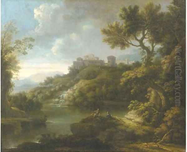 An arcadian landscape with figures resting by a lake, a town on a hilltop beyond Oil Painting by Paolo Anesi