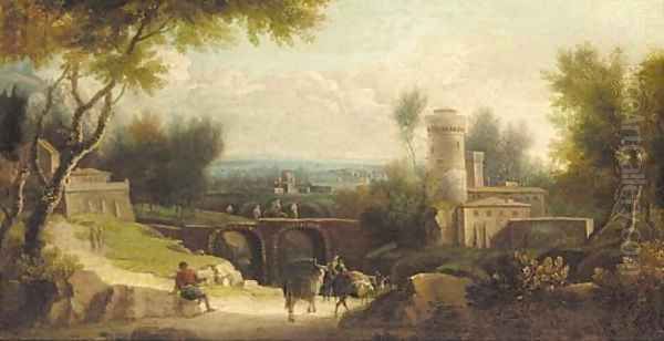 An Italianate landscape with figures and cattle Oil Painting by Paolo Anesi