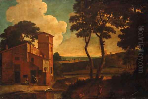 An Italianate landscape with washerwomen outside a villa Oil Painting by Paolo Anesi