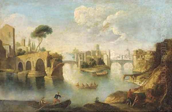 The Tiber, Rome, looking north past the ruins of the Pons Aemilius to the Insula Tiberina Oil Painting by Paolo Anesi