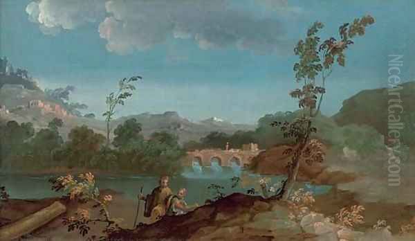 A river landscape with two travellers, a bridge beyond Oil Painting by Paolo Anesi