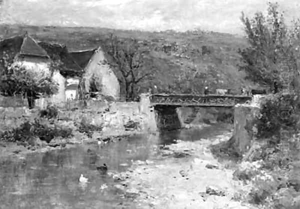 A hilly summer landscape with a bridge crossing a brook Oil Painting by Louis Appian