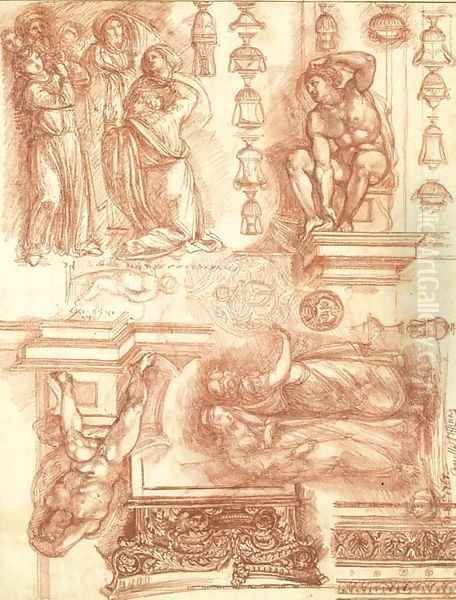 Studies after Michelangelo and other artists, with sketches of capitals, friezes and vases Oil Painting by Robert Ango