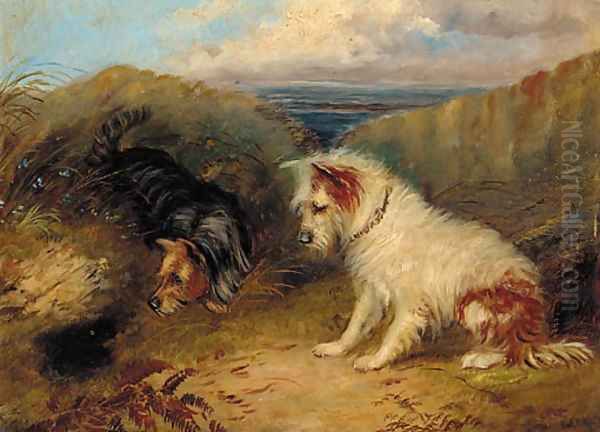 Terriers by a rabbit hole Oil Painting by George Armfield