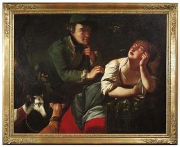 A Young Hunter Teases A Sleeping Maid With An Ear Oil Painting by Nicolaus Treu