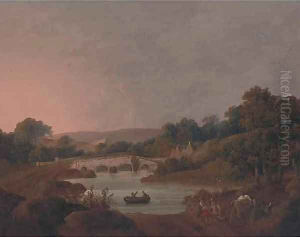 Figures with a donkey resting by a river Oil Painting by George Arnald