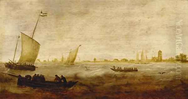 Sailors in a rowing boat with smalschips off a coastline Oil Painting by Hendrik van Anthonissen