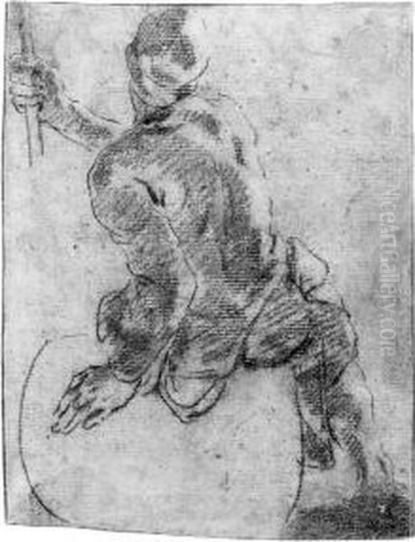 A Man Lifting A Barrel (recto); A Draped Nude Sitting On A Barrel,holding A Rope (verso) Oil Painting by Angelo Trevisani