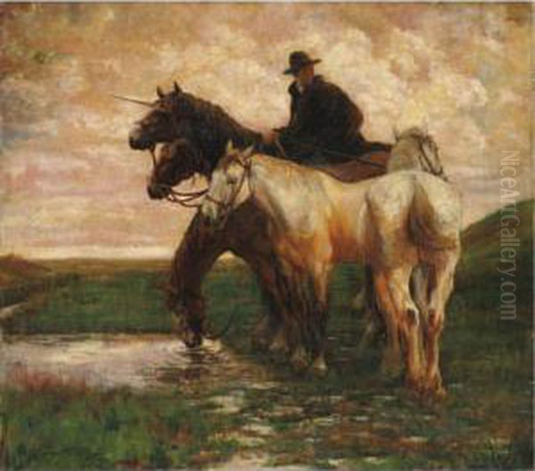 Buttero Al Pascolo Con Cavalli Oil Painting by Giulio Trevisani