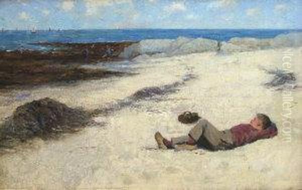 Boy Resting On The Beach With Basket Oil Painting by Edward Trevor