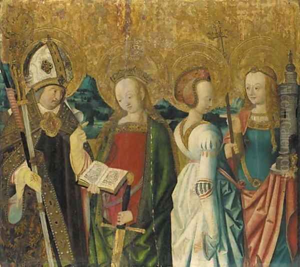 Saints Catherine of Alexandria, Margaret of Antioch and Barbara, and a bishop saint Oil Painting by Master Of The St. Bartholomew Altarpiece