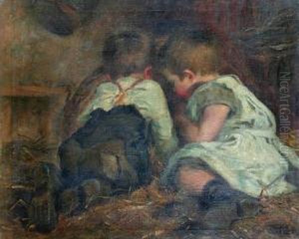 Two Young Children Playing In A Barn Oil Painting by Helen Mabel Trevor