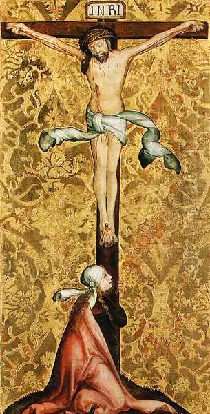 The Crucifixion with a female Saint at the foot of the Cross Oil Painting by Master Of The St. Bartholomew Altarpiece