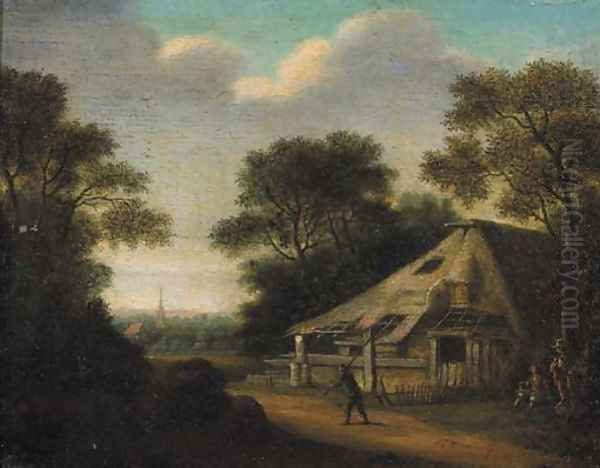 A traveller on a road by a farmhouse, a village beyond Oil Painting by Pieter Jansz. van Asch