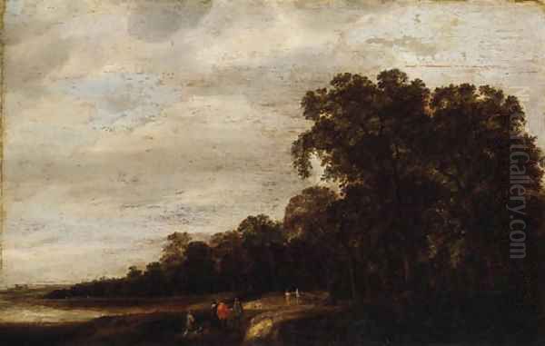 A wooded Landscape with Huntsmen resting on a Track Oil Painting by Pieter Jansz. van Asch