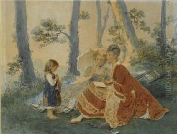 A Little Girl Begging Two Elegant Ladies Oil Painting by Angelo Trezzini