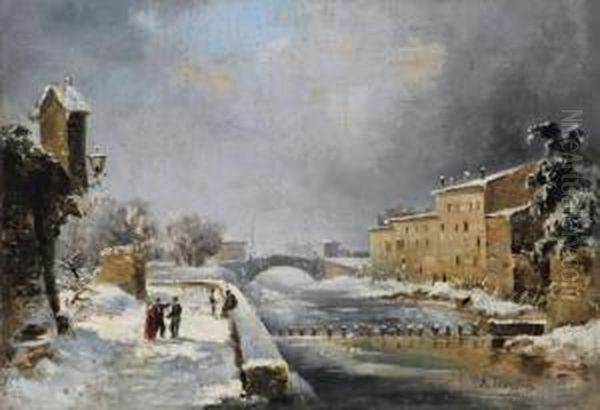 Navigli Con Neve Oil Painting by Angelo Trezzini