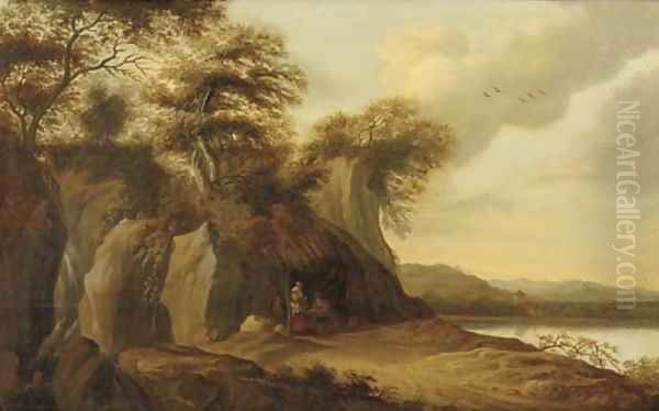 A river landscape with a merchant selling his wares beneath a straw canopy by a grotto Oil Painting by Pieter Jansz. van Asch