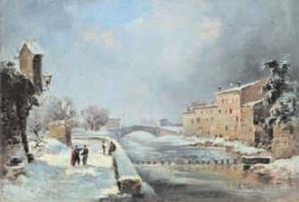 Inverno Sul Naviglio Oil Painting by Angelo Trezzini