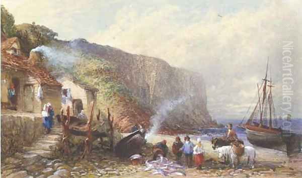 A coastal hamlet with figures selling fish on the foreshore Oil Painting by Samuel Austin