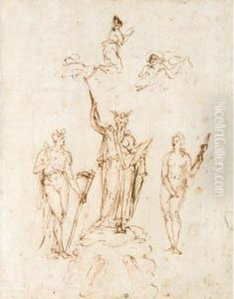 Design For A Monument: Moses Standing Between Adam And Eve Oil Painting by Niccolo Tribolo