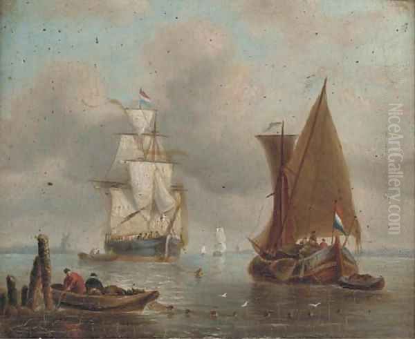 A Dutch merchantman drying her sails in an offshore anchorage Oil Painting by William Anderson