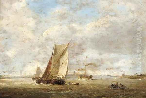 Barges and a paddlesteamer at the harbour mouth Oil Painting by William Anderson