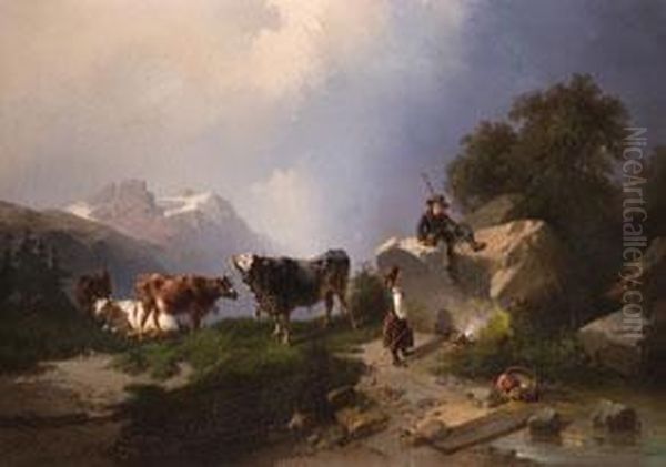 Von Kindern Gehutetes Almvieh Oil Painting by Carl Triebel