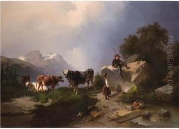 Von Kindern Gehutetes Almvieh Im Hochgebirge Oil Painting by Carl Triebel