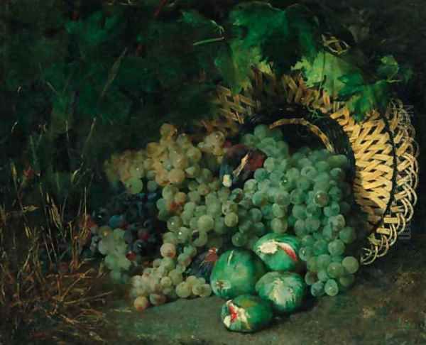 An upturned basket of grapes and figs Oil Painting by Sebastian Gessa Y Arias