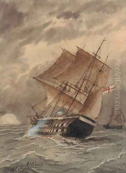 A Royal Naval two-decker heeling in the breeze Oil Painting by William Edward Atkins