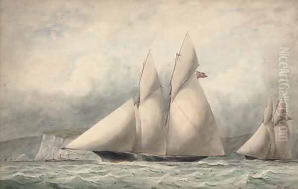 Cambria and Sappho in close quarters off the Isle of Wight Oil Painting by William Edward Atkins