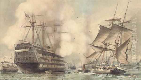 H.M.S. Victory saluting a Royal Navy brig being towed past the old flagship's permanent mooring into Portsmouth harbour Oil Painting by William Edward Atkins