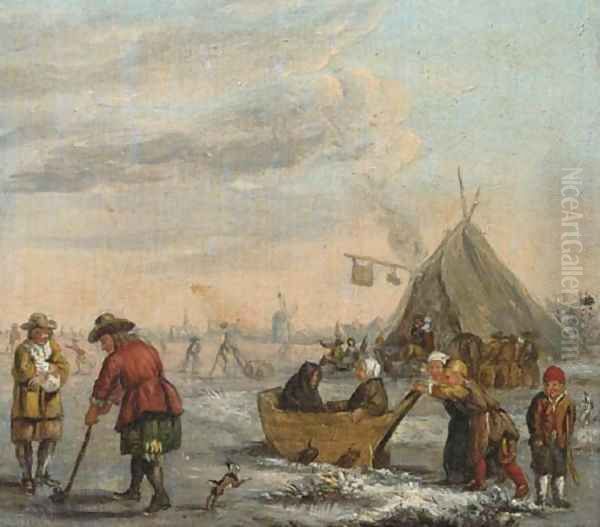 A winter landscape with men playing kolf and children on a sledge Oil Painting by Barent Avercamp