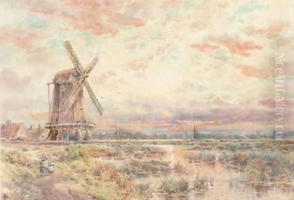 A windmill on the Fens at dusk Oil Painting by Charles Frederick Allbon