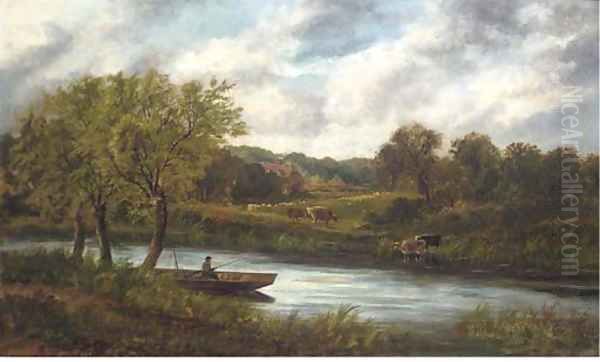 An angler on a boat, with cattle grazing beyond Oil Painting by Edward A. Atkyns