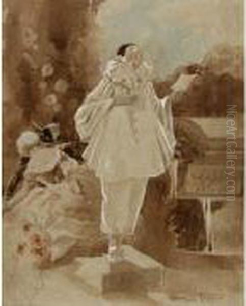 Pierrot, Colombine Et Arlequin Oil Painting by Louis Trinquier-Trianon