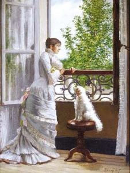 Giovanetta Al Balcone Con Cane Oil Painting by Emanuele Trionfi