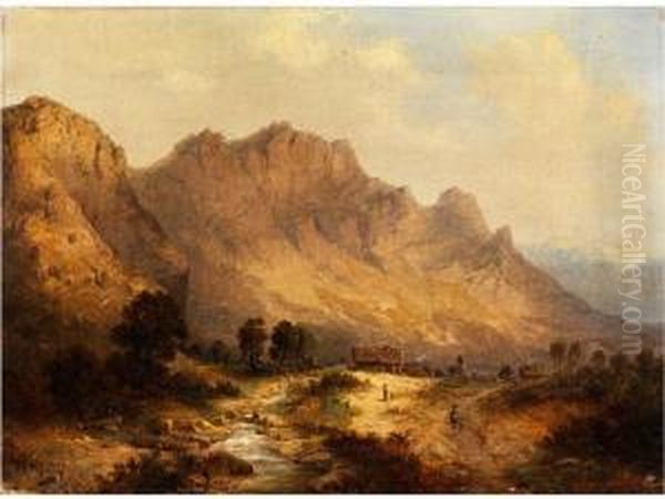 Gebirgslandschaft Mit Gehoft Undfigurenstaffage Oil Painting by Albert Trippel