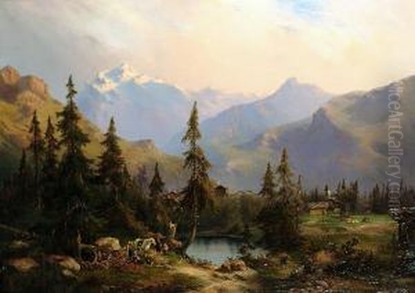 An Extensive Alpine Country Landscape With Figures Resting By A Lake Oil Painting by Albert Trippel