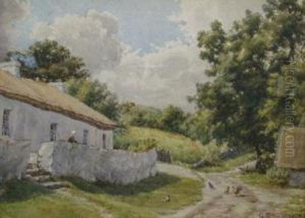 Fowl And Figure Outside An Irish Crofters House Oil Painting by George Trobridge