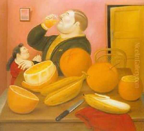 Ma Drinking Orange Juice 1987 Oil Painting by Fernando Botero